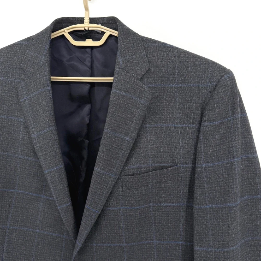 Jos. A. Bank Signature Charcoal Blue Windowpane Plaid 100% Wool Blazer 44 Long